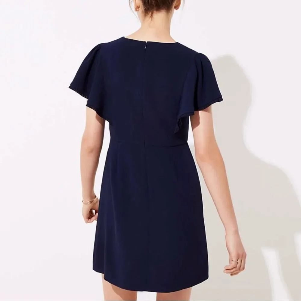 LOFT Fringe Trimmed Flutter Sleeve Dress in Navy - Picture 3 of 11